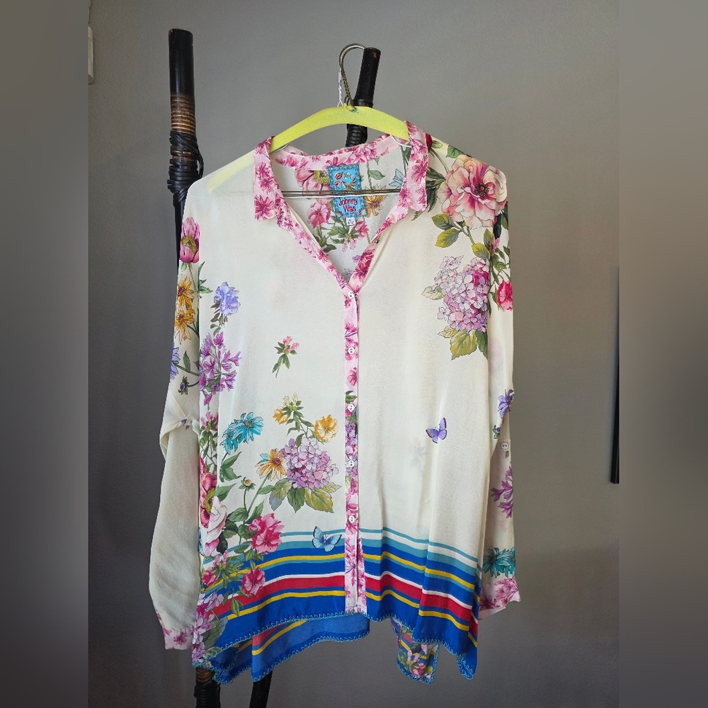 Johnny Was Pink and Green Floral Shirt